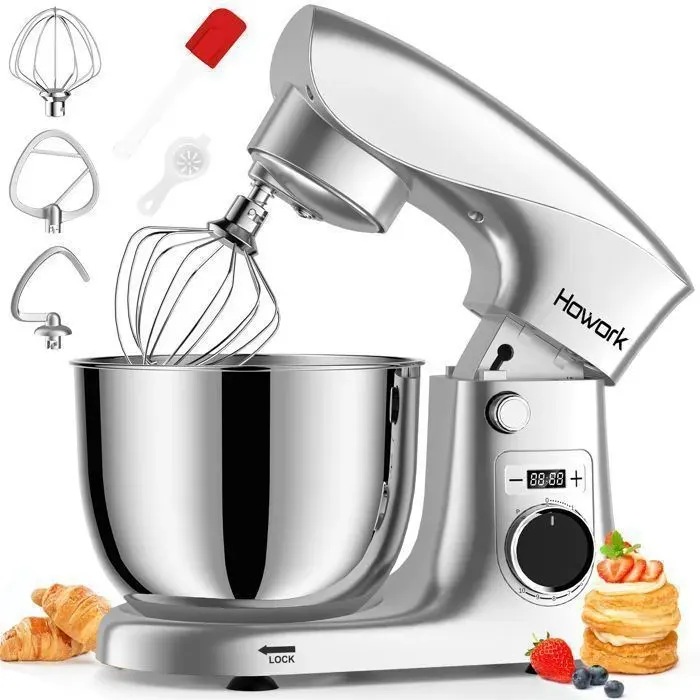 Robot Patissier 5 L Robot Pâtissier 1500W Robot Cuisine avec Fouet Batteur Crochet Bol dAcier Inoxydable