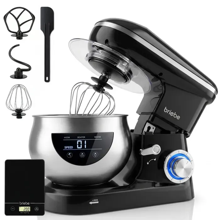 Robot Pâtissier Bol Inox 5L 6 Vitesses Écran Tactile LED + Balance de Cuisine Briebe KM1164B 1800W Noir