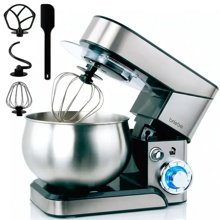 Robot Pâtissier Boulangerie Cuisine Ménager Multifonction Bol Inox 5L 6 Vitesses Briebe KM1114 1800W Acier Inoxydable