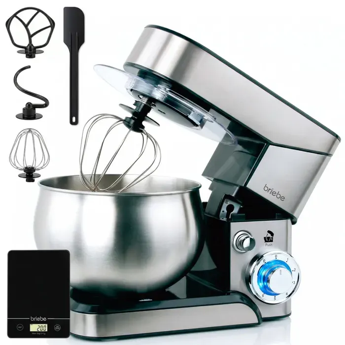 Robot Pâtissier Cuisine Multifonction Bol Inox 5L 6 Vitesses + Balance Numerique Briebe KM1114B 1800W Acier Inoxydable