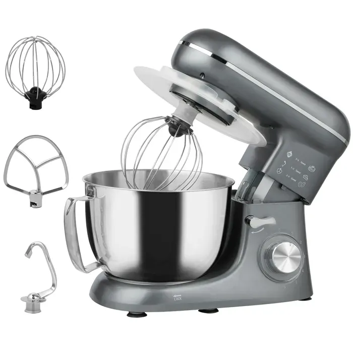 Robot pâtissier - HOMCOM - 1300 W 45 L - bol dacier inoxydable 6+P vitesses et pulse tête inclinable - 35 x 22 x 29 cm - argent