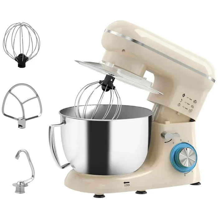 Robot pâtissier - HOMCOM - 1300 W 45 L - bol dacier inoxydable 6+P vitesses et pulse tête inclinable - 35 x 22 x 29 cm - beige
