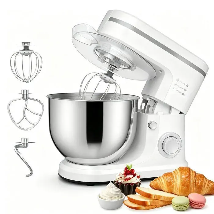 Robot Pâtissier Multifonction 1500W KITYTETY Robot Pétrin 6L 6 Vitesses + P Mouvement Planétaire Fouet/Batteur/Crochet - Blanc