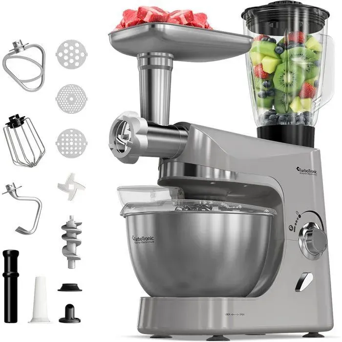 Robot Pâtissier Multifonction 2000W – TurboTronic TT-007 – Bol 5L – Batteur Fouet Crochet – Argent