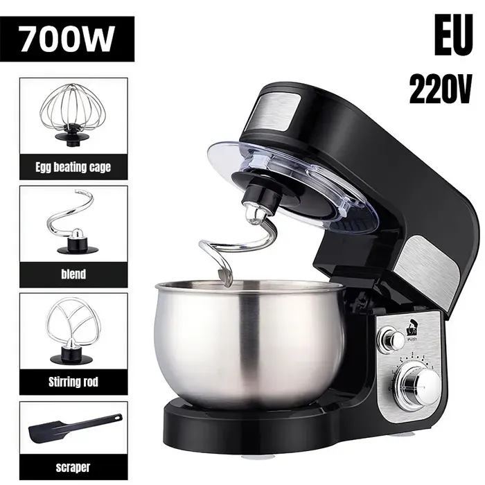 Robot pâtissier multifonction 700 W pour la maison - Capacité 3 L - 6 vitesses réglables -Noir