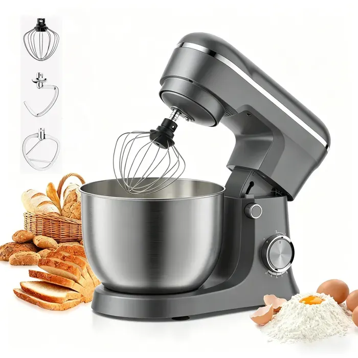 Robot Patissier Multifonctions 1500W 6 Vitesses Tête Inclinable Bol en Inox 5L avec Crochet Pétrisseur Fouet Batteur pour Cuisson