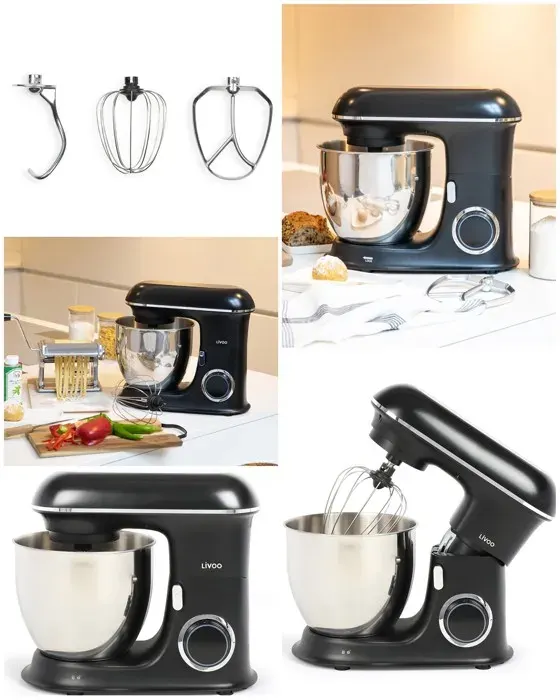Robot Pâtissier - Noir - 6.5L - 1400W - 6 Vitesses - Couvercle Anti-Projections