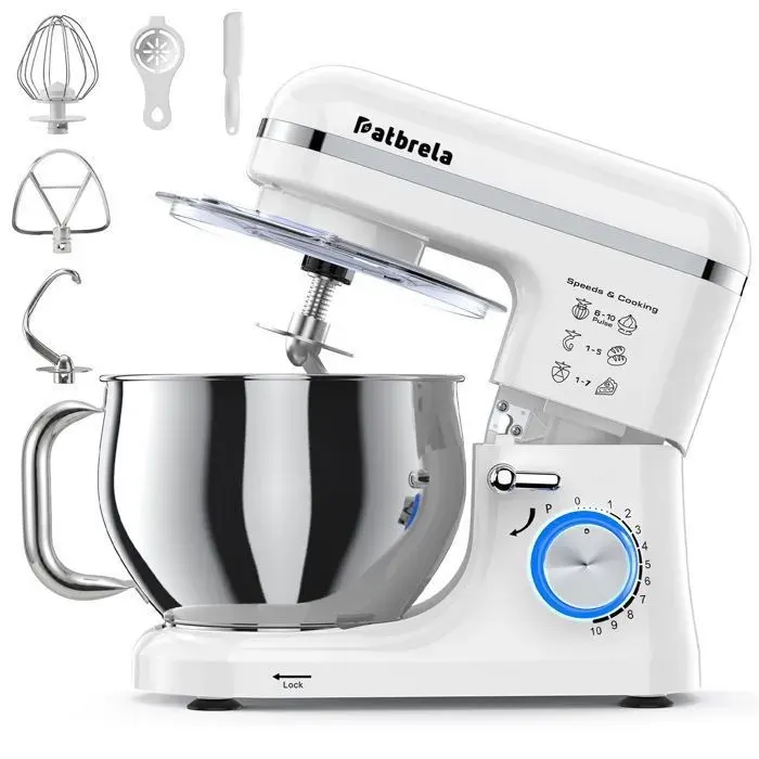 Robot Pâtissier PATBRELA 1300W 5.3L10 Vitesses+PulseBatteur Planétaire Pétrin et Fouet Mélangeur Cuisine pour Pâtisserie et Pain
