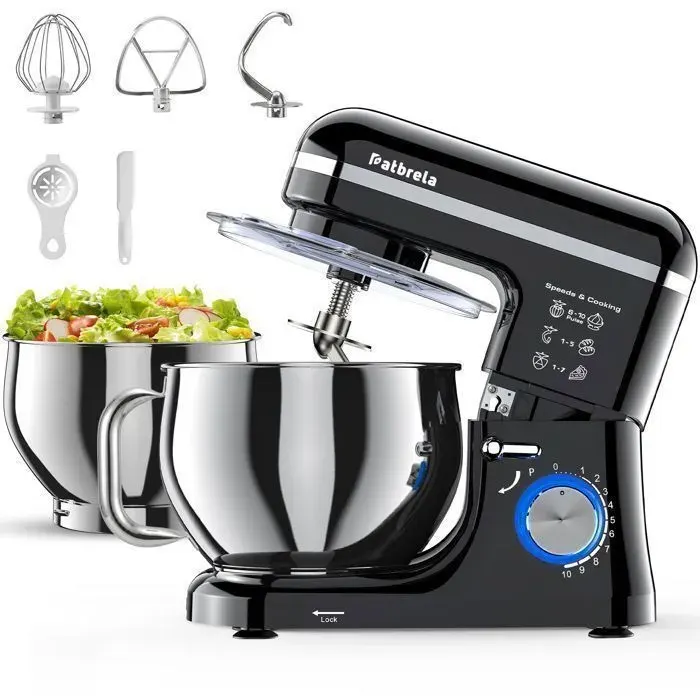 Robot Pâtissier PATBRELA 1500W Double Bol Inox 5.3L+3.5L10 Vitesses+PulseBatteurFouet Crochet Batteur Pétrin Multifonction Noir