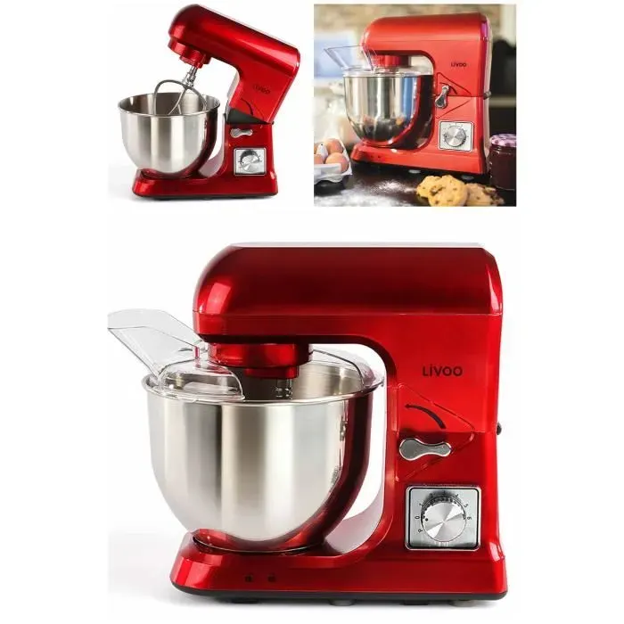 Robot Pâtissier - Rouge - 1000W - Bol inox 5L - 6 vitesses - Fonction pulse