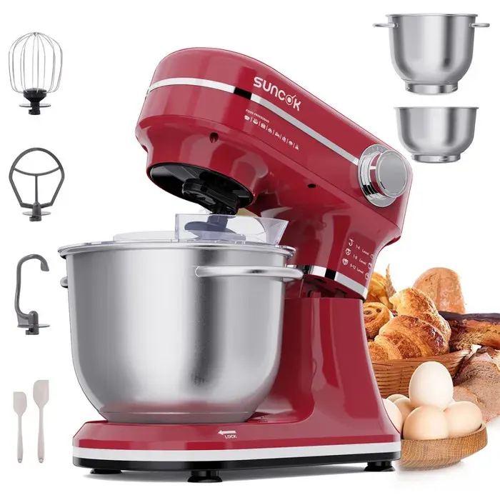 Robot Pâtissier SUNCOK Robot Culinaire Multifonction avec Bol Inoxydable Rouge