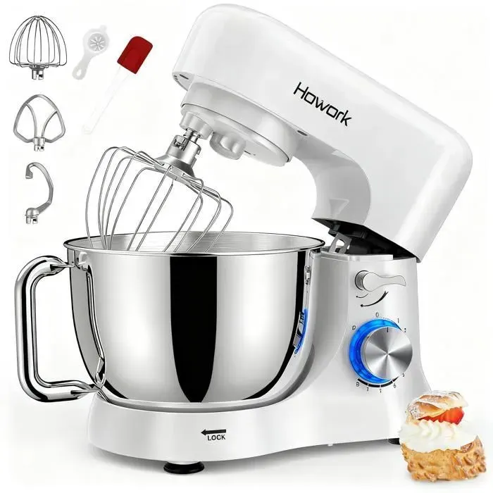 Robot Patissier1000W 5L Robot Pâtissier de cuisine avec FouetBatteurCrochetBol dAcier Inoxydable8+P Vitesses Robot Pétrin
