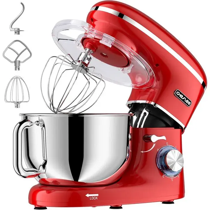 Robot Pâtissier2000W Robot Pétrin6.2 L Robot De Cuisine Multifonction Faible Bruit Avec Bol En Acier Inox DeBatteurFouet&Croch — coloris Rouge