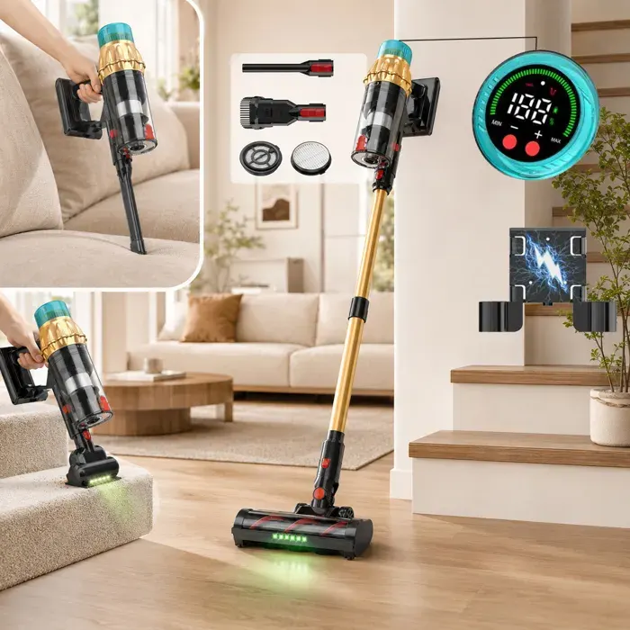 ROSNEK Aspirateur balai sans fil V10 Max 50KPa 650W aspirateur puissant 8 en 1 LED autonomie 60 min Or