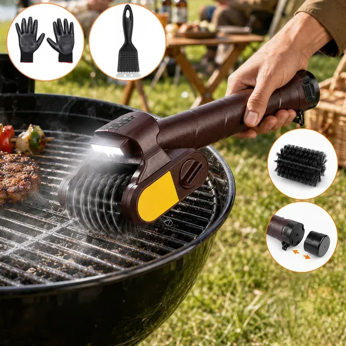 ROSNEK Brosse barbecue électrique 770 tr/min nettoyeur grille BBQ sans fil 2 têtes inox Marron 1 pièce