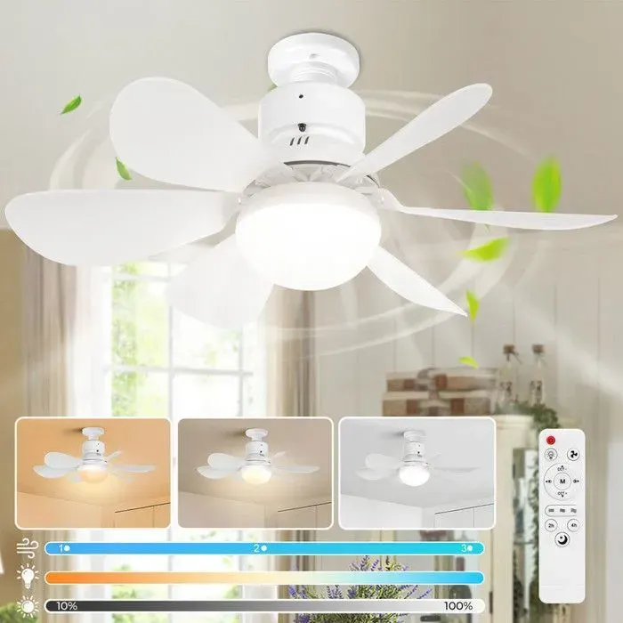 ROSNEK Ventilateur Plafond avec Lumiere - 6 Pales Blanches - Dimmable Silencieux 3 Vitesses pour Cuisine Chambre Salon
