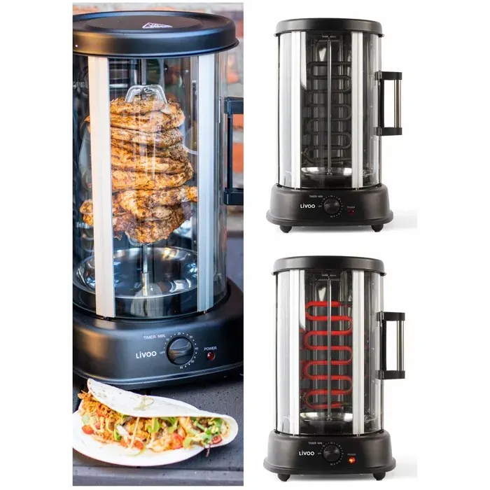 Rôtissoire grill horizontale - LIVOO - Thermostat réglable - 1500W - Rotation 360° - Acier inoxydable — coloris Noire