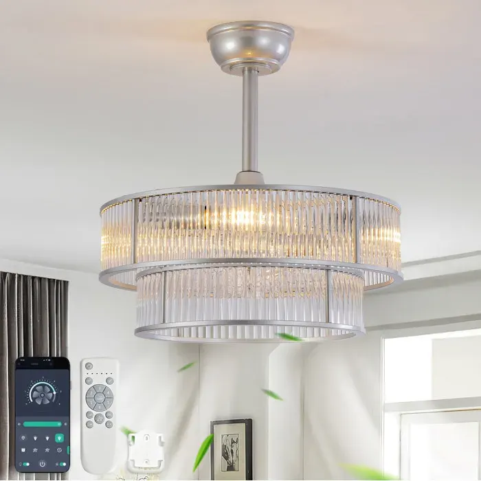 ROVRYN plafonnier ventilateur cristal 53 cm argent 6 vitesses double commande télécommande et application
