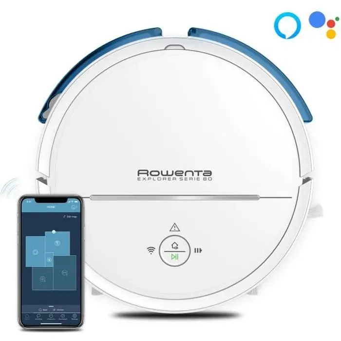 ROWENTA RR7747WH Aspirateur Robot X-Plorer Série 80 Autonomie 1h30 Sols durs Allergènes Wifi Compatible Alexa Google Assistant