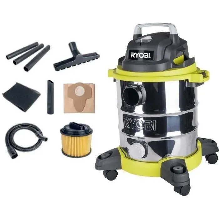 RYOBI - Aspirateur eau et poussière 1 250 W - cuve Inox 20 L - dépression 205 kPa - Avec filtre extension suceur - RVC-1220I-G
