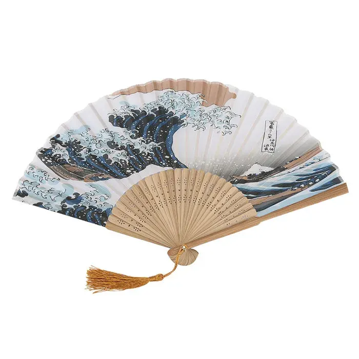 SALALIS ventilateur à main Élégant style japonais vagues peintes rétro bambou ventilateur pliant creatifs boite Erqing 25 os