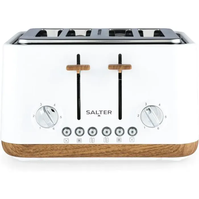 Salter Toronto — Grille-pain 4 tranches fentes larges 6 niveaux 1630 W bois mat blanc