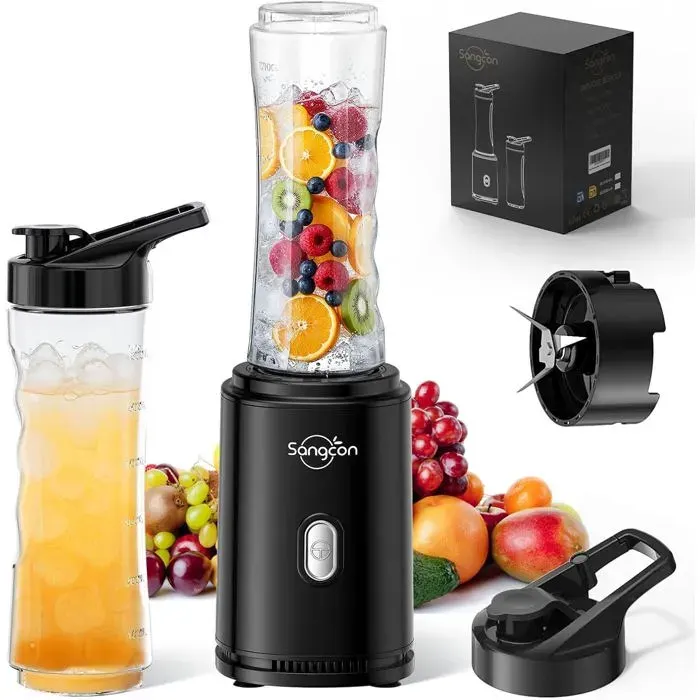 Sangcon Mini Blender Portable 2 Bouteilles Tritan 600 ml Sans BPA 4 Lames Inox Fonction Pulse