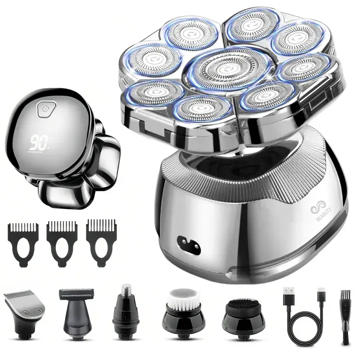 SEABUTY Rasoir Électrique Hommes 6 en 1 - 9D Flexible Rasoir Tete Chauve Homme Étanche IPX6 - Sec Et Humide Portable avec Écran
