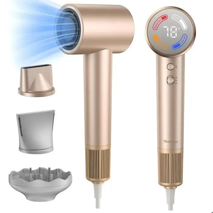 Sèche-cheveux 110 000 tours/minute écran LED et 3 vitesses/4 niveaux de température 55dB 3 buses coiffantes pour professionnel