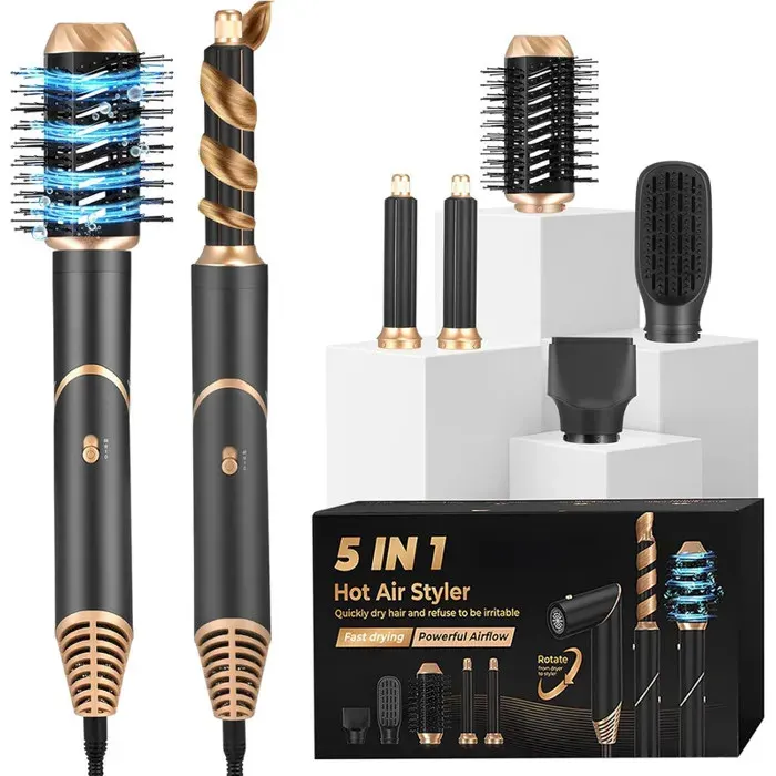 Sèche-cheveux 5 en 1 - brosse à air chaud avec brosse à lisser et fer à boucler - pour sécher lisser et coiffer soin ionique