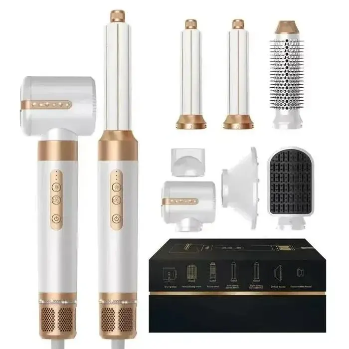 Seche Cheveux 7 en 1 Fer à friser professionnel à ions négatifs Fer à lisser Moteur sans balais Seche Cheveux haute White Gold