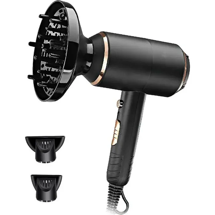 Sèche-cheveux avec 3 diffuseurs sèche-cheveux ionique professionnel 1700 watts avec 3 réglages de température et 2 vites — coloris Noir