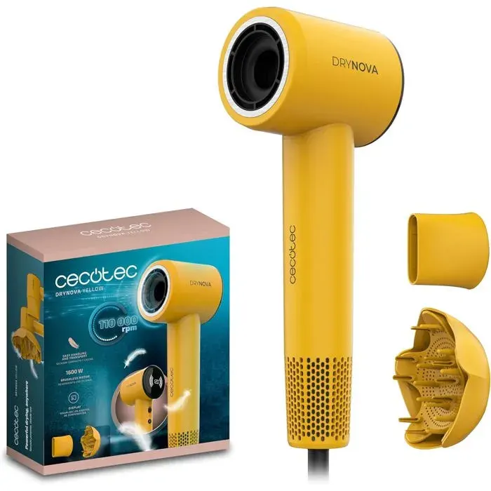 Sèche-cheveux compact Drynova 1600W 110 000 Tr/min moteur brushless ionique diffuseur + concentrateur silencieux4 températures