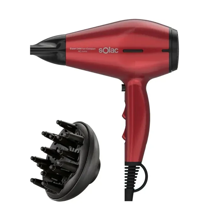 Sèche-cheveux compact ionique - Solac - 2400W moteur professionnel - Technologie Ion-Power - 6 vitesses et températures — coloris Rouge