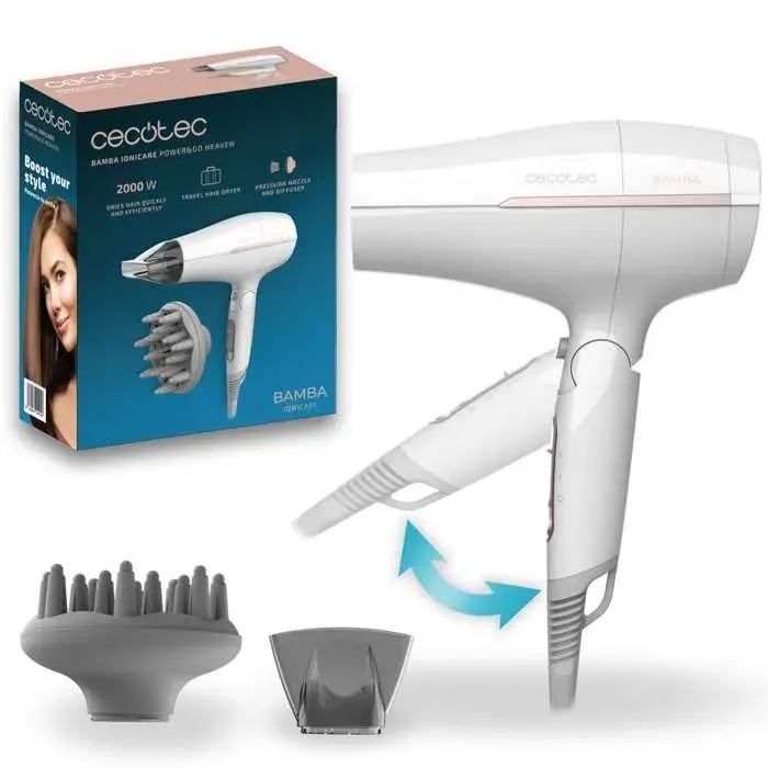 Sèche-Cheveux de Voyage - CECOTEC - IoniCare Power&Go Heaven - 2000W - 2 Températures - 2 Vitesses