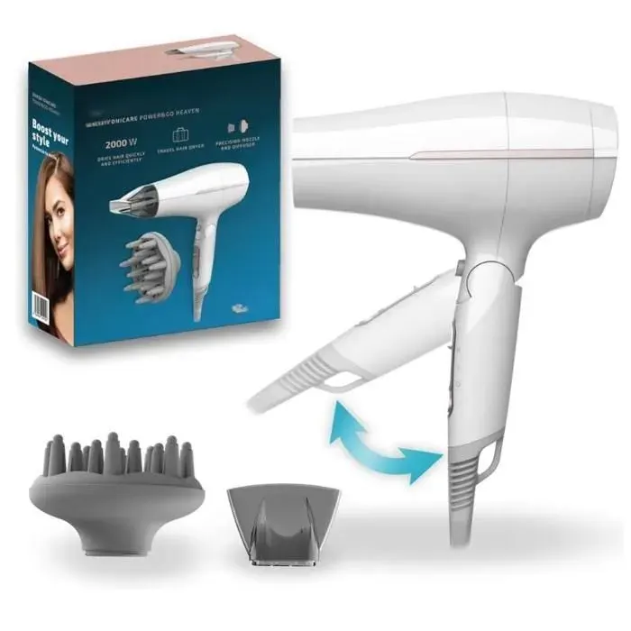 Sèche-Cheveux de Voyage Pliable 2000W 2 températures 2 vitesses fonction air froid buse concentratrice et diffuseur inclus