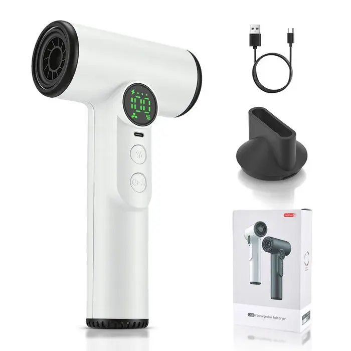 Sèche-cheveux de voyage Pro 15600mAh Sèche-cheveux sans fil avec 100 températures et vitesses écran numérique blanc