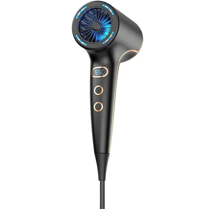 Sèche-cheveux écran LED air chaud et froid soins capillaires aux ions négatifs conception ergonomique portable noir