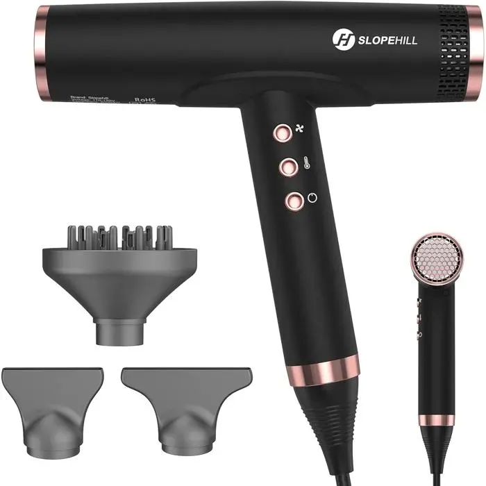 Sèche-cheveux ionique 110 000 Tr/min brushless séchage rapide diffuseur magnétique biocéramique silencieux voyage salon — coloris Noir