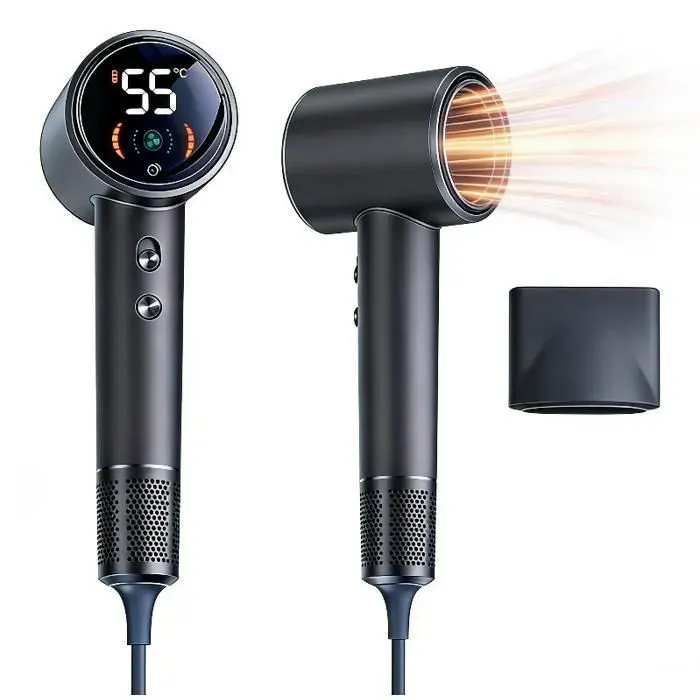 Sèche-cheveux Ionique 1600W avec Buse Sèche - 3 Températures et 2 Vitesse - 200 millions dions négatifs - gris