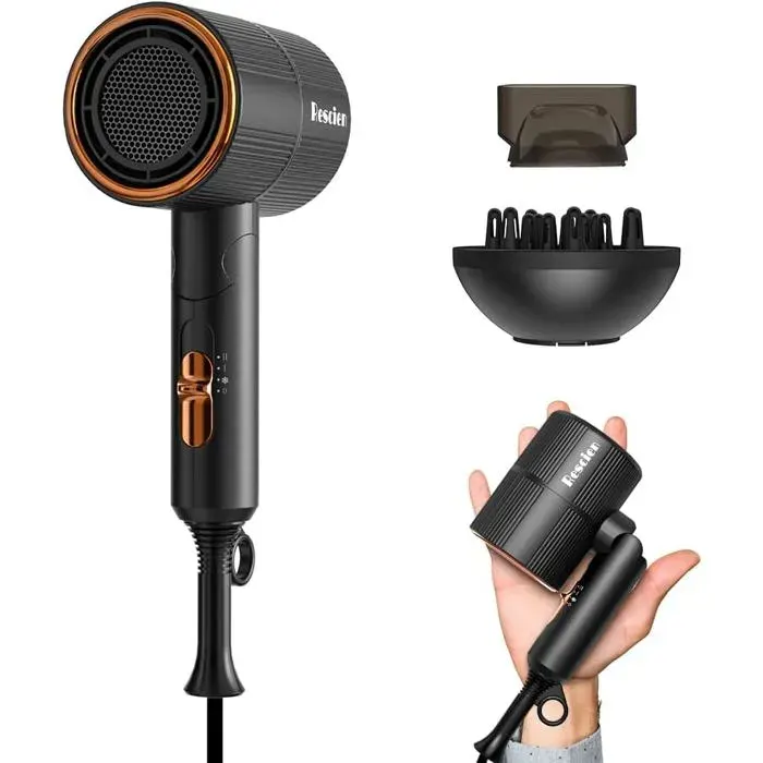Sèche-cheveux ionique 2000 W noir portable & pliable (10x7x19cm250g) avec concentrateur + diffuseur idéal voyage et