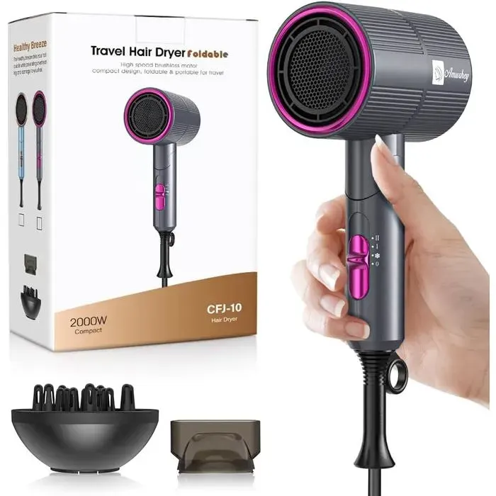 Sèche-Cheveux Ionique 24 m/s 2000W 110 000 Tr/Min Léger et Pliable (~250g) Moteur Brushless Concentrateur & Diffuseur Voyage
