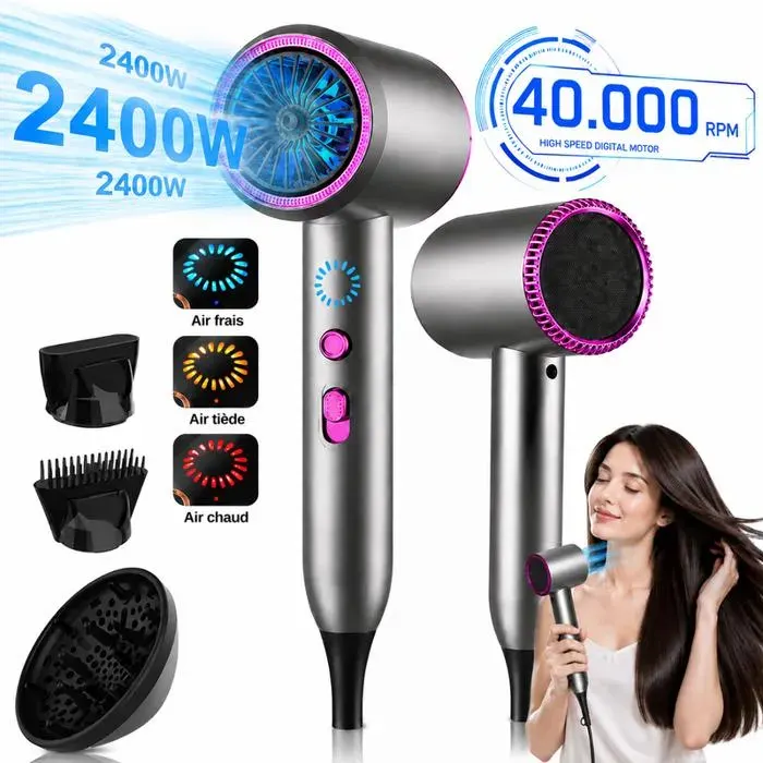 Seche Cheveux Ionique 2400W 3Vitesses 1 Diffuseur+2Concentrateurs Inclus 40.000RPM Protection Contre Surchauffe et Faible Bruit