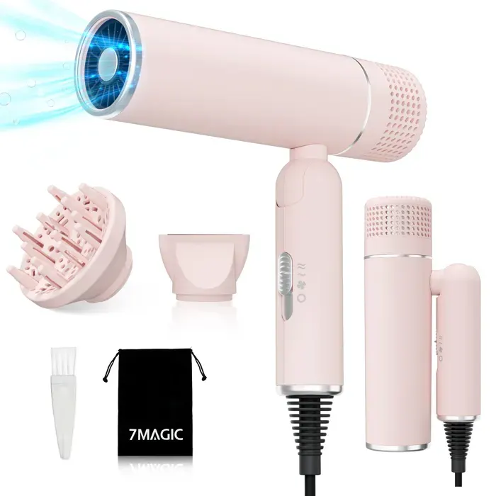 Sèche-cheveux ionique à grande vitesse 1600W - 2 vitesses - 3 températures - 3200RPM - Pliable - avec diffuseur - Rose
