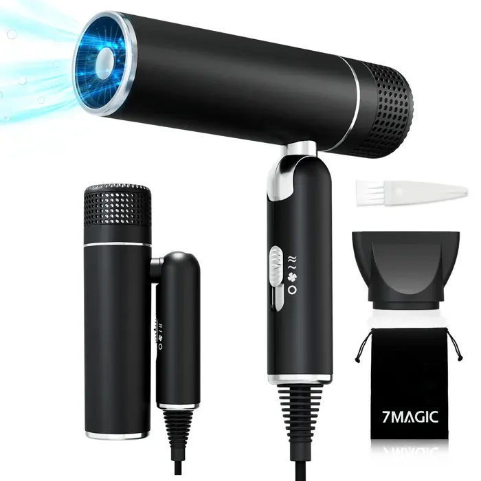 Sèche-cheveux ionique à grande vitesse 1600W - 2 vitesses - 3 températures - Pliable - Rapide et doux pour les cheveux - Noir