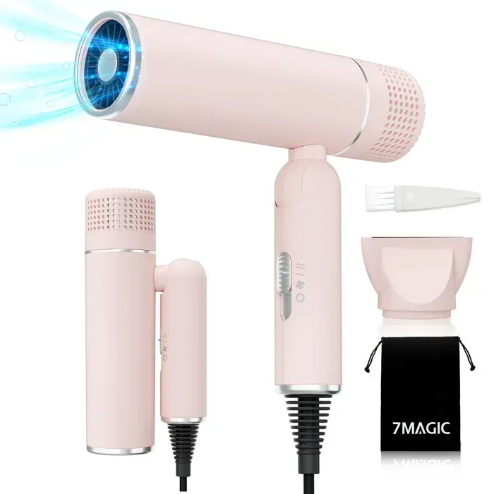 Sèche-cheveux ionique à grande vitesse 1600W - 2 vitesses - 3 températures - Pliable - Rapide et doux pour les cheveux - Rose