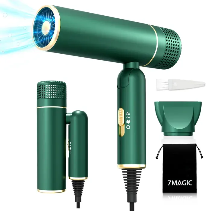 Sèche-cheveux ionique à grande vitesse 1600W - 2 vitesses - 3 températures - Pliable - Rapide et doux pour les cheveux - Vert