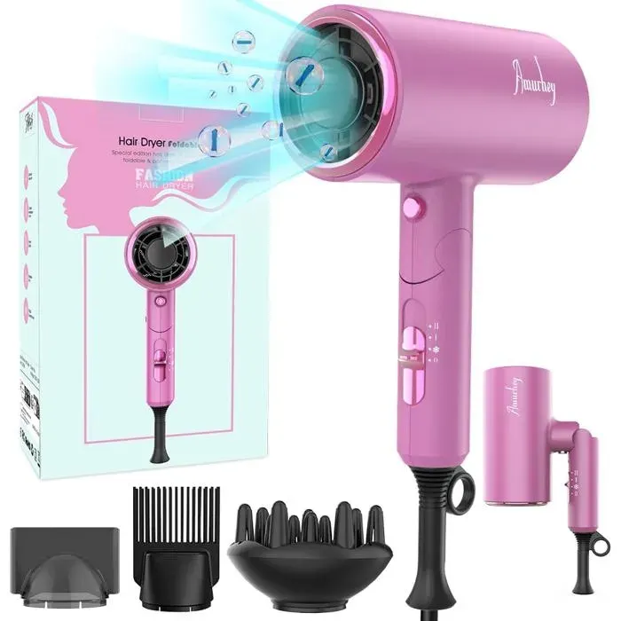 Sèche-cheveux ionique AC 2200W pliable bouton air chaud/froid 3 températures 2 vitesses puissant et léger voyage