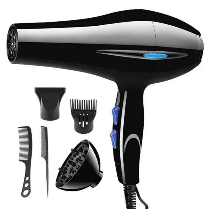 Sèche-cheveux ionique négatif ensemble de 6 pièces 3 niveaux de chaleur 2 vitesses de vent air froid 2200W noir