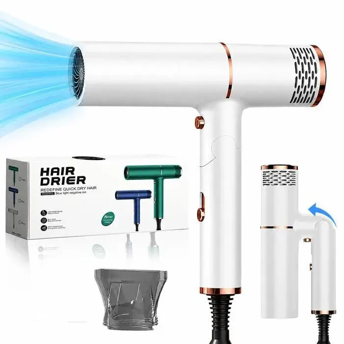 Seche Cheveux ionique Professionnel 1500W 3 températures/2 vitesses pliable protection contre la surchauffe avec concentrateur